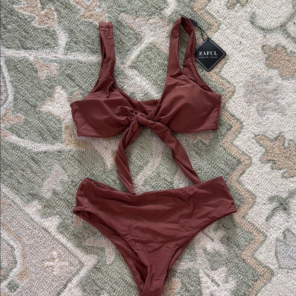 Zaful Brown Tie-Front Bikini Set